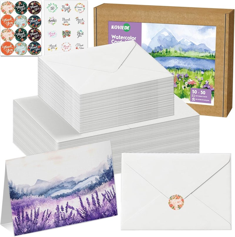 KOVIEDE 50 Pack Foldable Blank Watercolor Cards with Envelopes 4 x 6 Inch, 140lb Heavyweight, 100% Cotton, White, Acid-Free Water color Cards to Paint or Cards Making for Christmas Birthday - Image 1